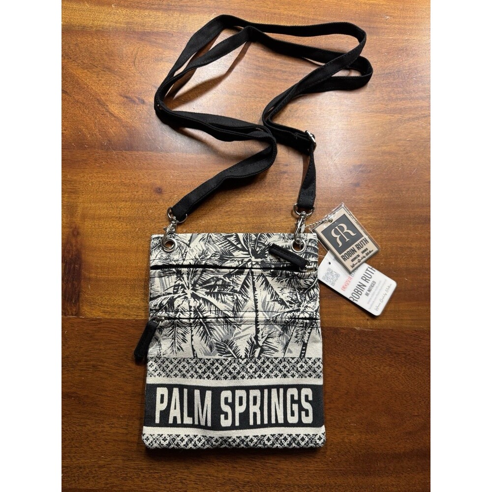 Robin Ruth Palm Springs Sofia Neck Wallet Crossbody Bag Canvas Black White NWT